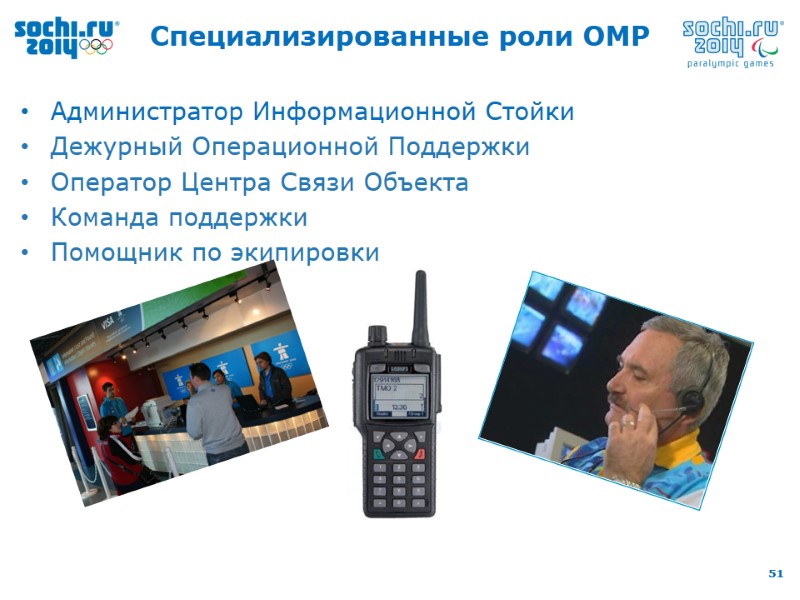 Специализированные роли ОМР  Администратор Информационной Стойки Дежурный Операционной Поддержки Оператор Центра Связи Объекта